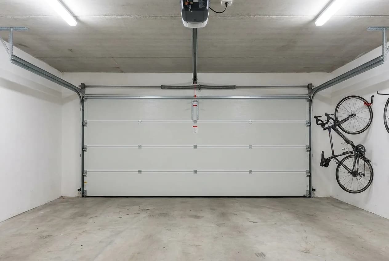 Intérieur d'un garage : porte sectionnelle fermée vue de l'intérieur, rails au plafond et moteur plafond au-dessus de la baie