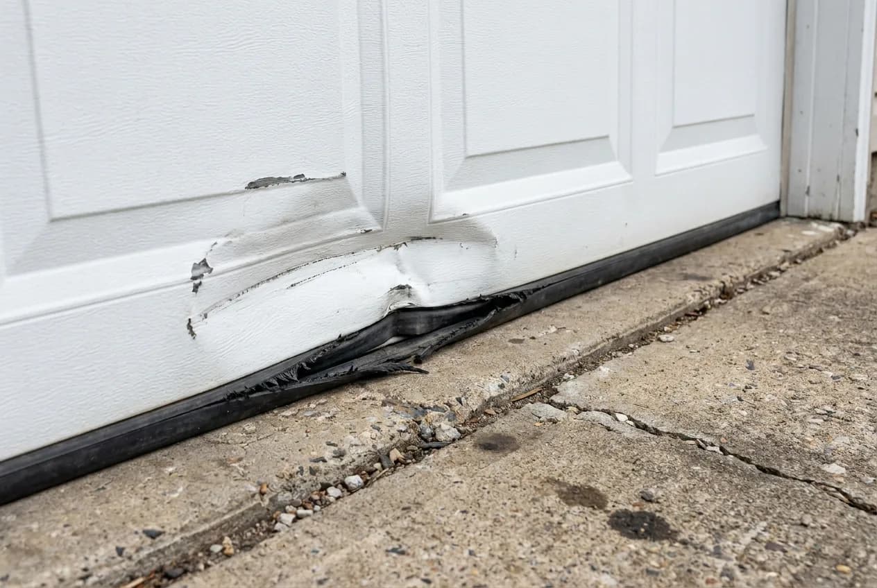 Panneau bas d'une porte de garage sectionnelle blanche enfoncé par un choc, joint bas déchiré