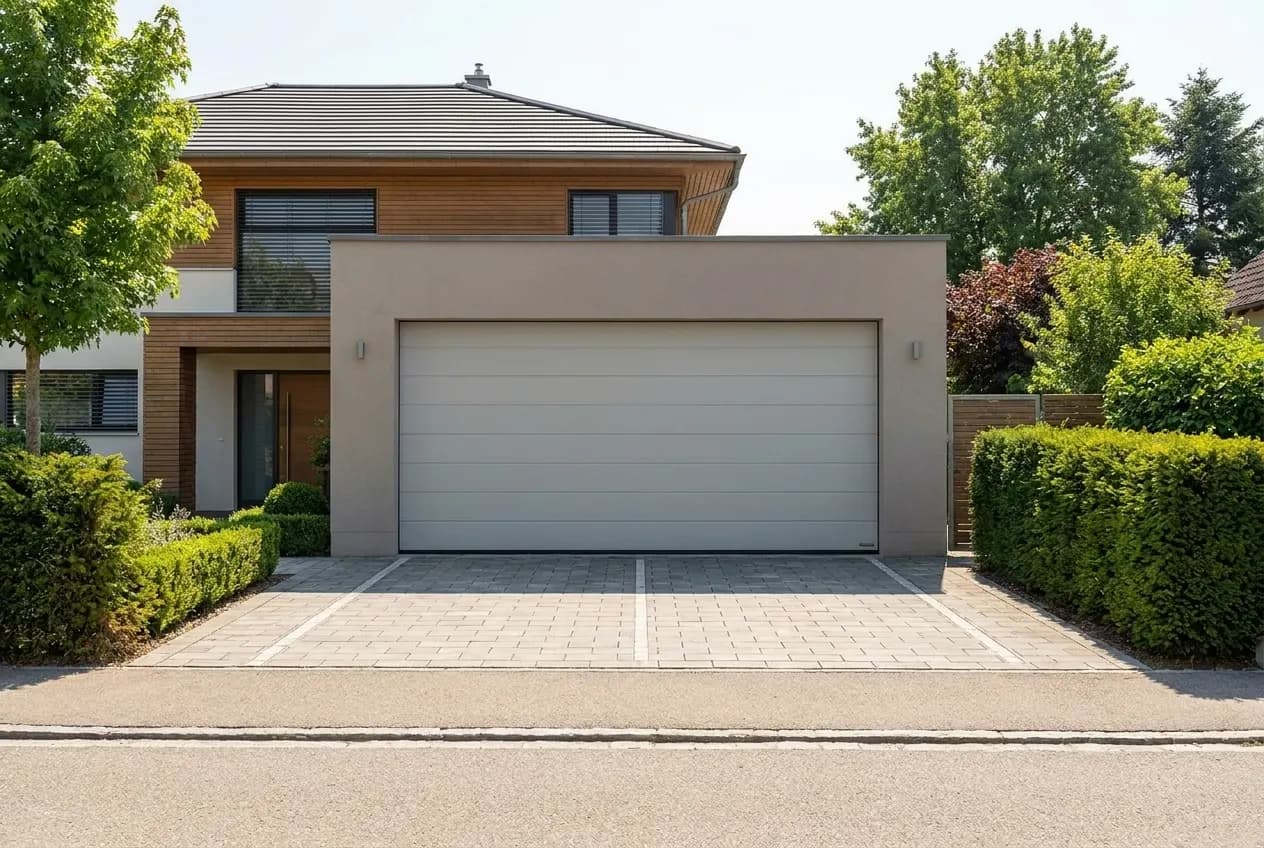 Maison moderne avec une porte de garage sectionnelle double de 5 m gris clair à panneaux rainurés, fermée