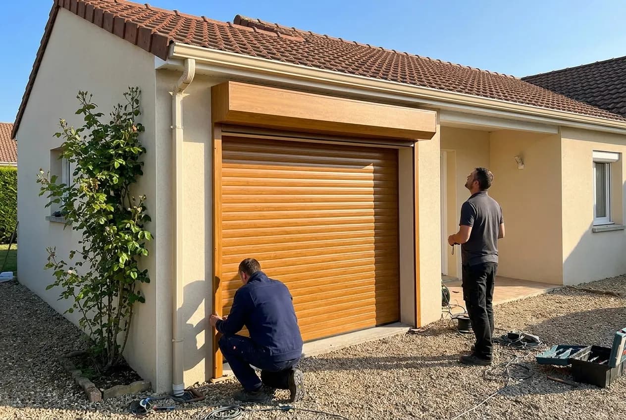 Pavillon rénové avec porte de garage enroulable aspect chêne doré fermée, coffre assorti
