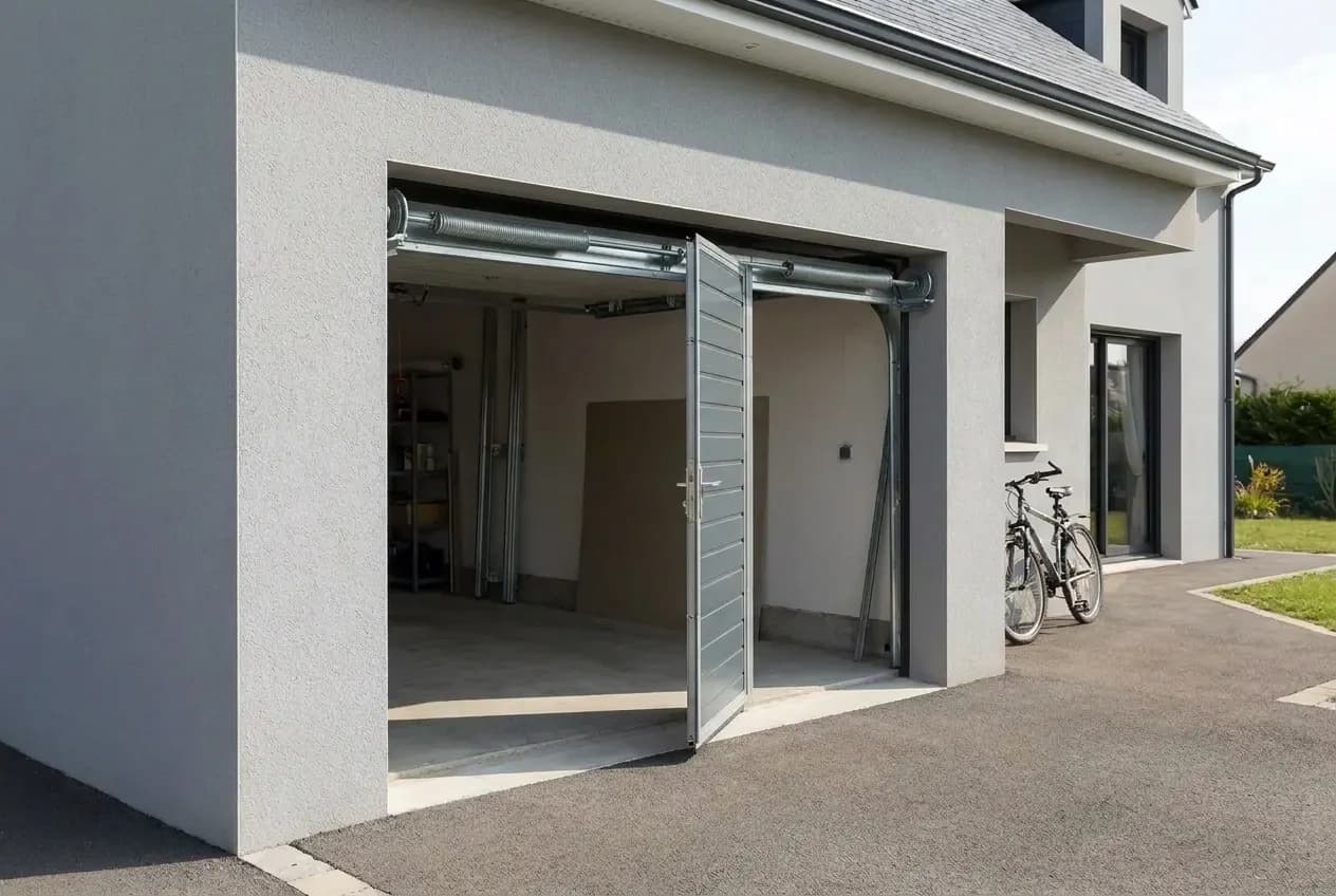 Portillon piéton ouvert dans une porte de garage sectionnelle fermée