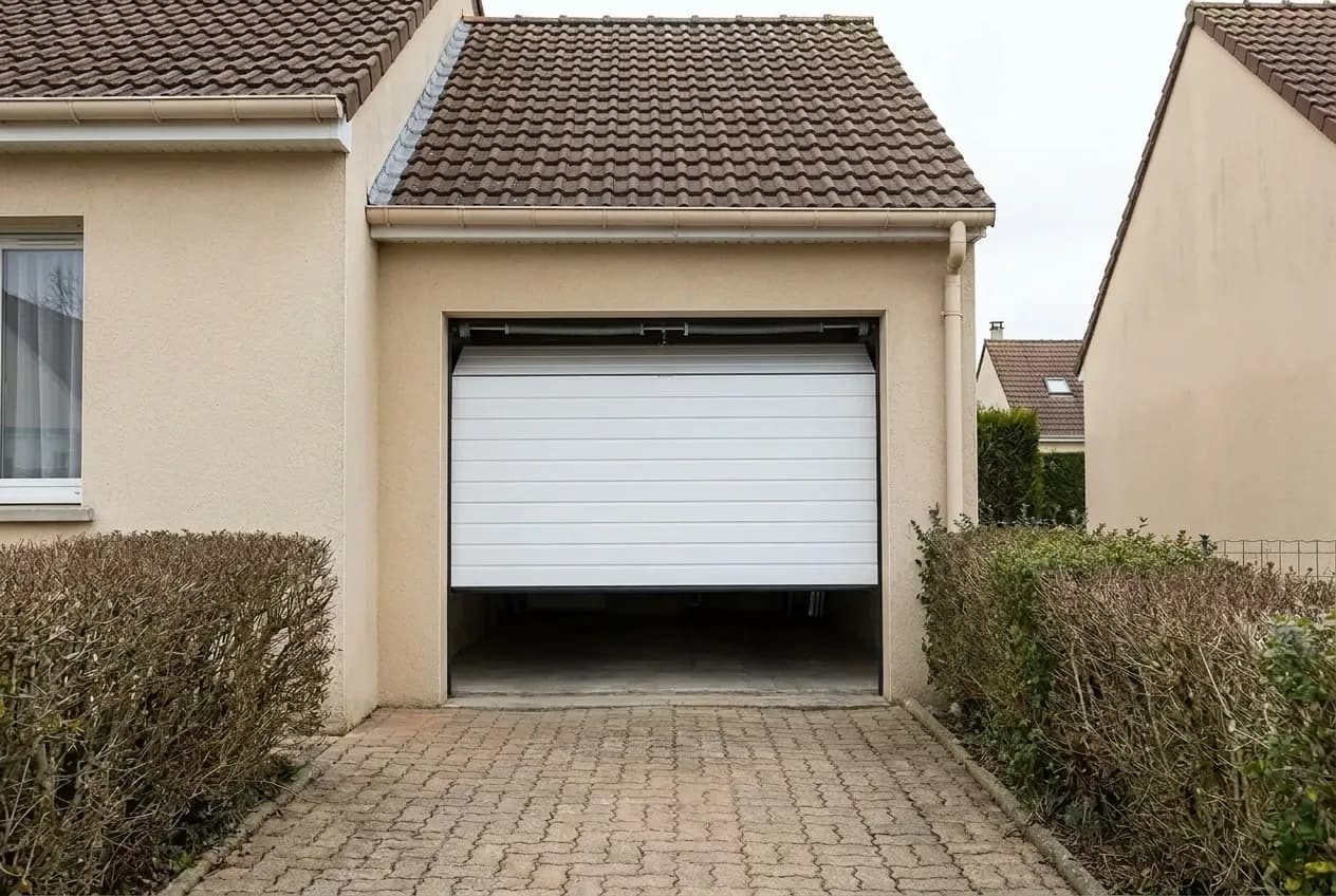 Porte de garage sectionnelle blanche à demi ouverte devant un pavillon, vue de biais depuis l'allée
