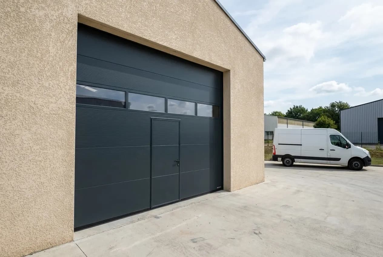 Atelier d’artisan en enduit avec porte sectionnelle anthracite, portillon piéton et rangée de vitrages