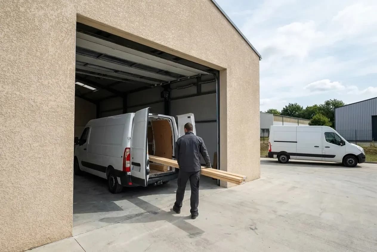 Porte d’atelier ouverte, un artisan décharge du bois d’un utilitaire