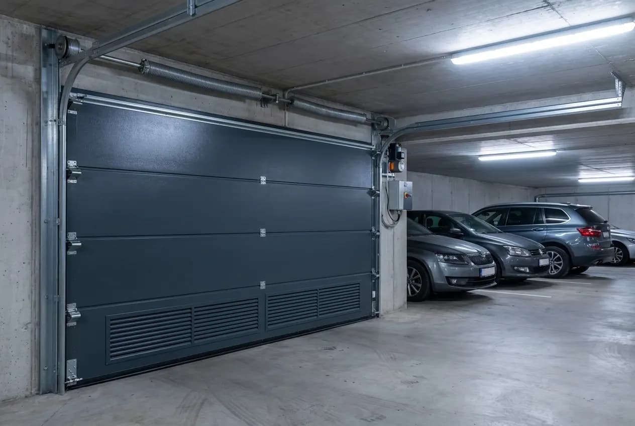 Porte de parking vue de l’intérieur : rails sous le plafond béton, moteur industriel en bout d’arbre, voitures garées