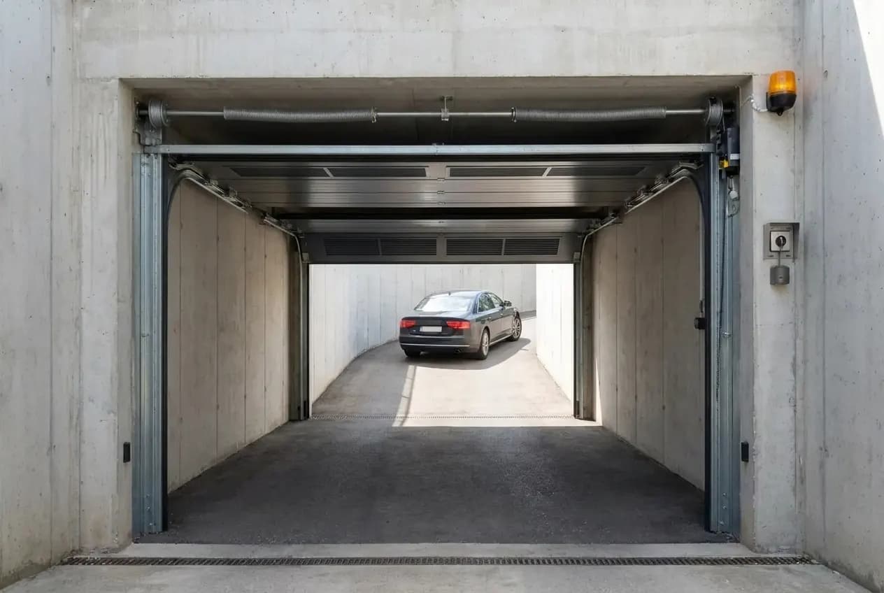 Porte de parking ouverte, une voiture descend la rampe