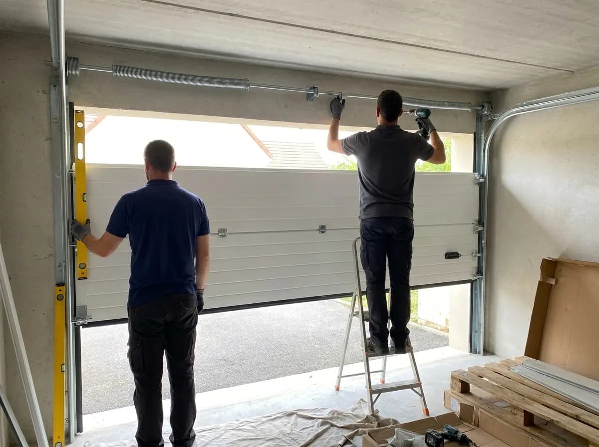 Deux techniciens posent une porte de garage sectionnelle blanche dans un pavillon