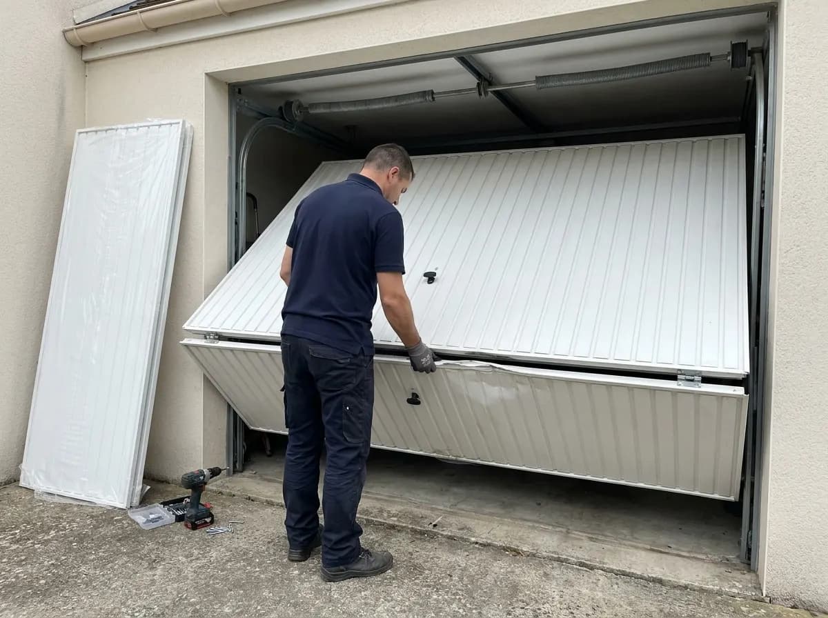 Remplacement du panneau bas enfoncé d'une porte sectionnelle, panneau neuf encore sous film de protection