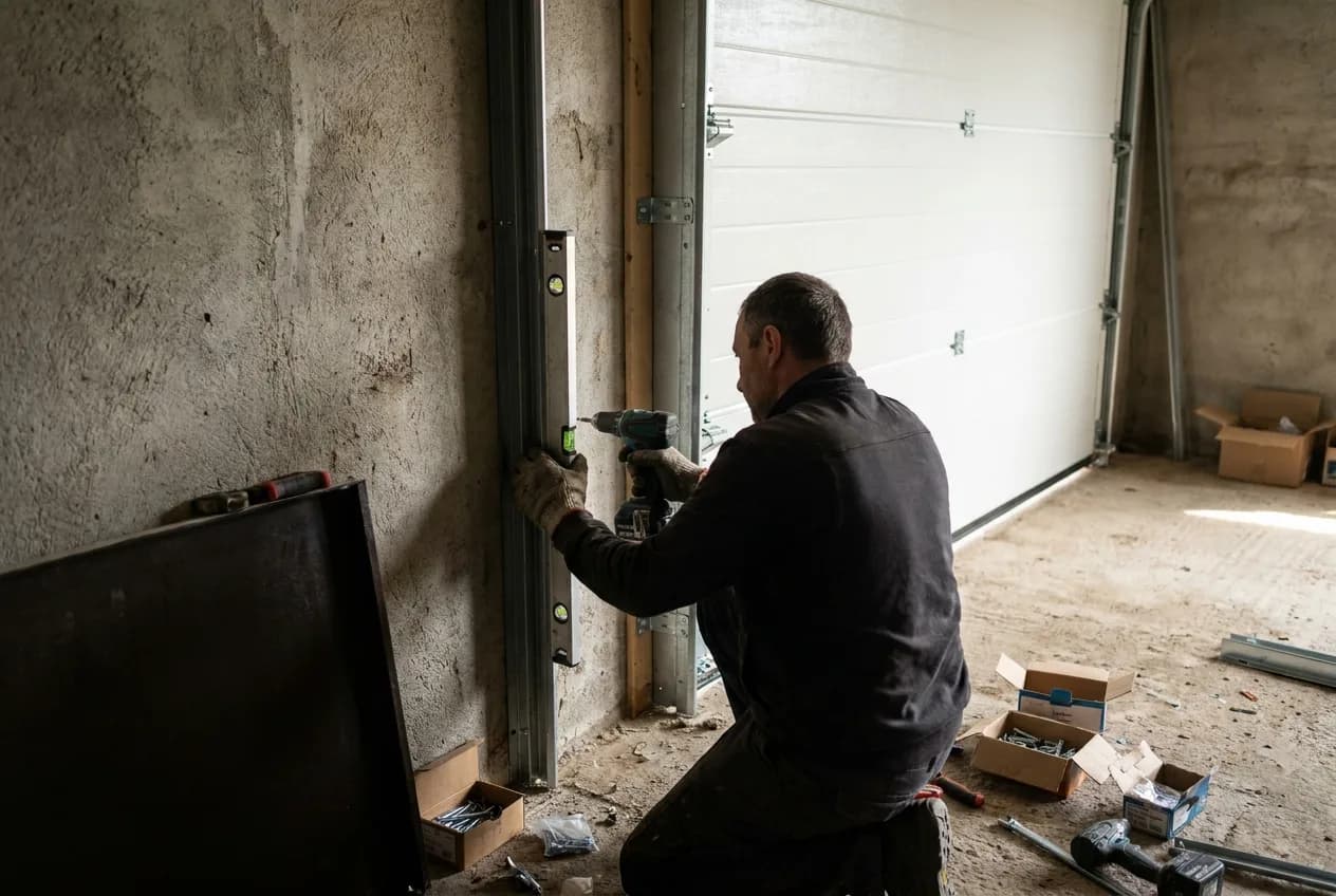 Technicien fixant le rail vertical d’une porte de garage sectionnelle, un niveau contre le rail