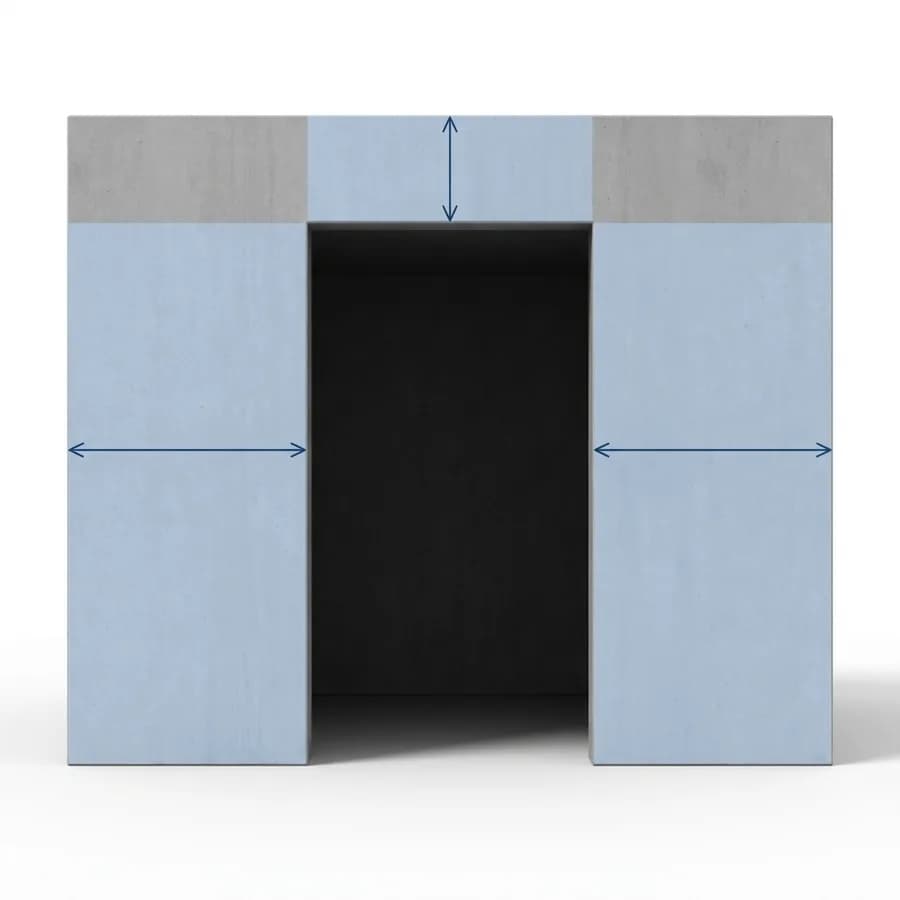Schéma d'une baie de garage vue de l'intérieur avec la retombée de linteau au-dessus et les écoinçons à gauche et à droite