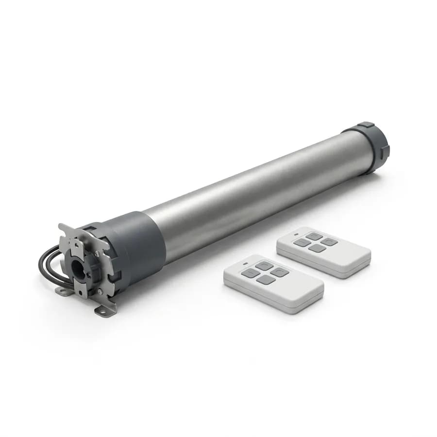 Visuel produit du configurateur : moteur tubulaire radio de porte enroulable et ses deux télécommandes