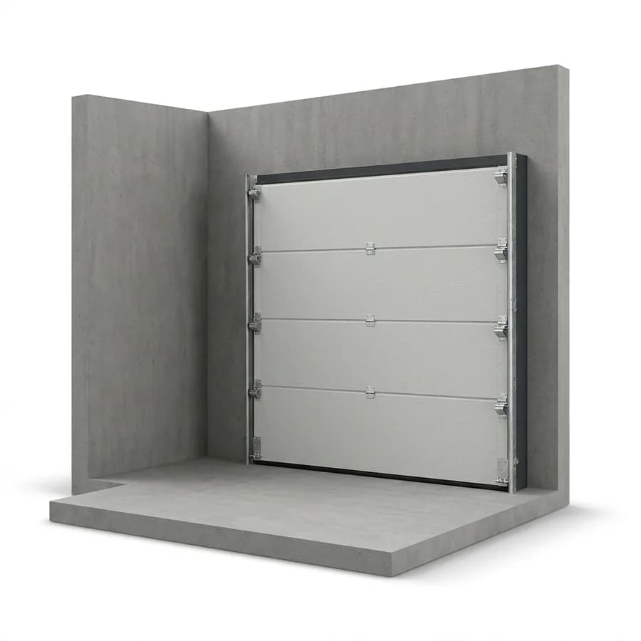 Porte sectionnelle vue de l’intérieur du garage : panneaux sandwich blanc gris RAL 9002, charnières et rails latéraux