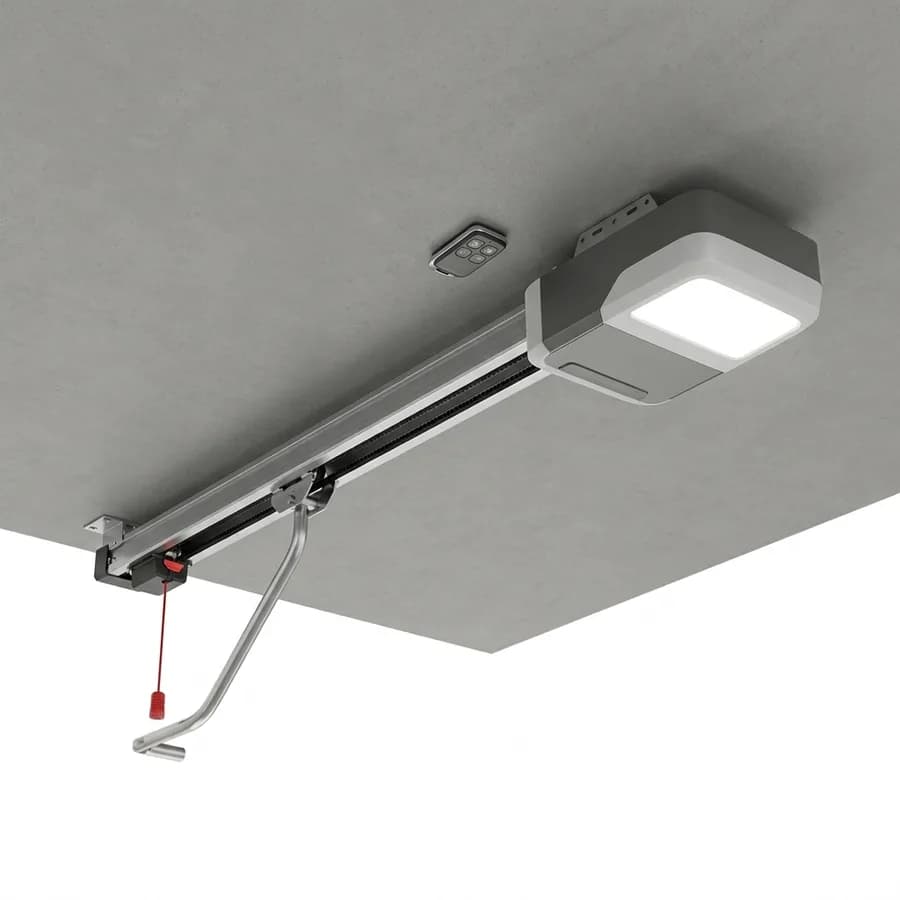 Moteur plafond de porte de garage sur son rail, vue produit sur fond clair