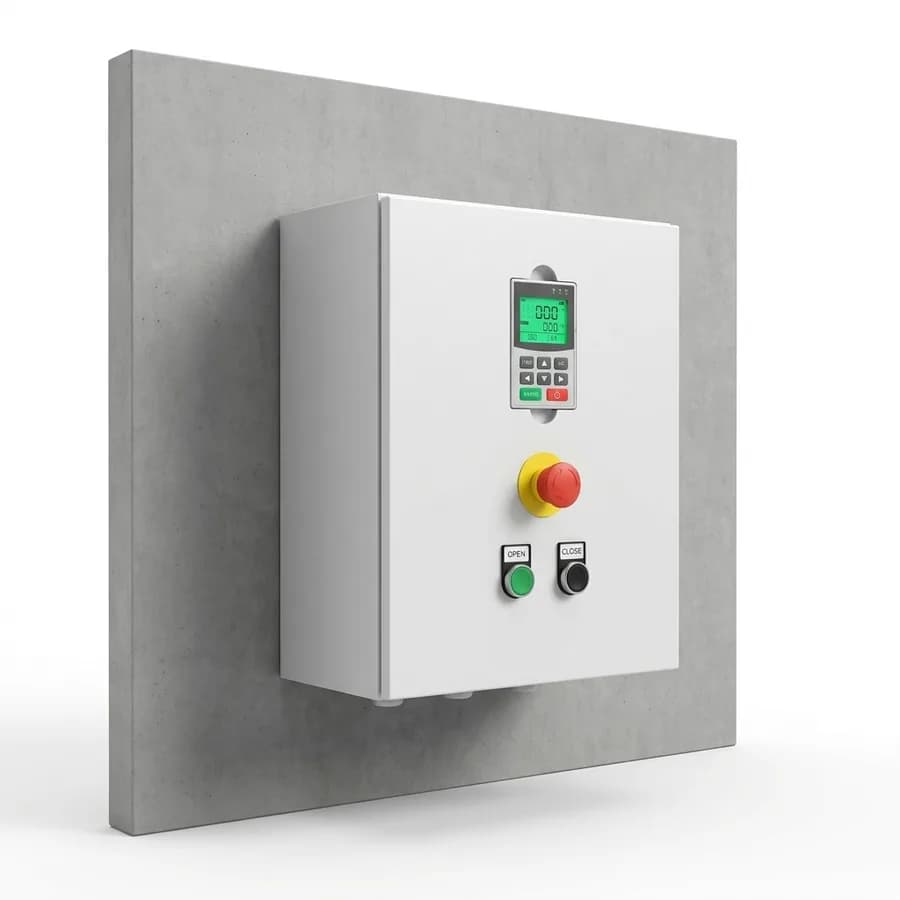 Armoire de commande d’une porte souple rapide avec boutons ouvrir, stop, fermer et arrêt d’urgence