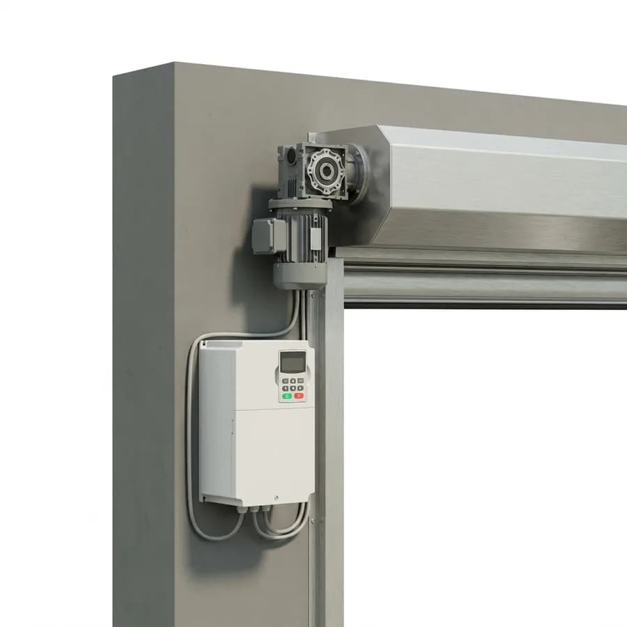 Visuel du configurateur : moteur latéral d’une porte souple rapide sous son capot, accolé à la coulisse en haut de la baie