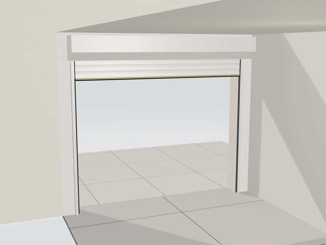 Rendu 3D : porte de garage enroulable blanche à mi-course, tablier qui remonte dans le coffre, aucun rail au plafond