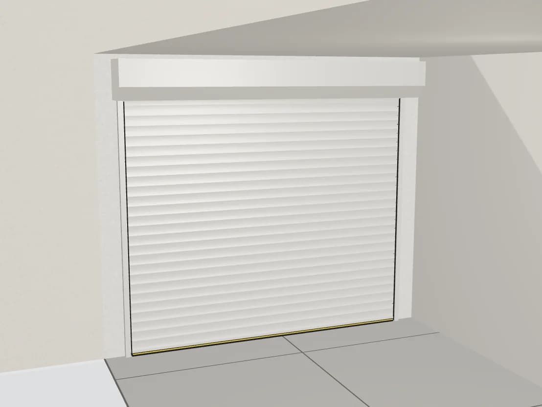 Rendu 3D d'une porte de garage enroulable blanche fermée, coffre pan coupé sous le linteau, coulisses de chaque côté