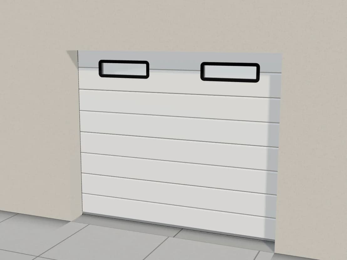 Porte de garage sectionnelle avec deux hublots rectangulaires à cadre noir dans le panneau haut
