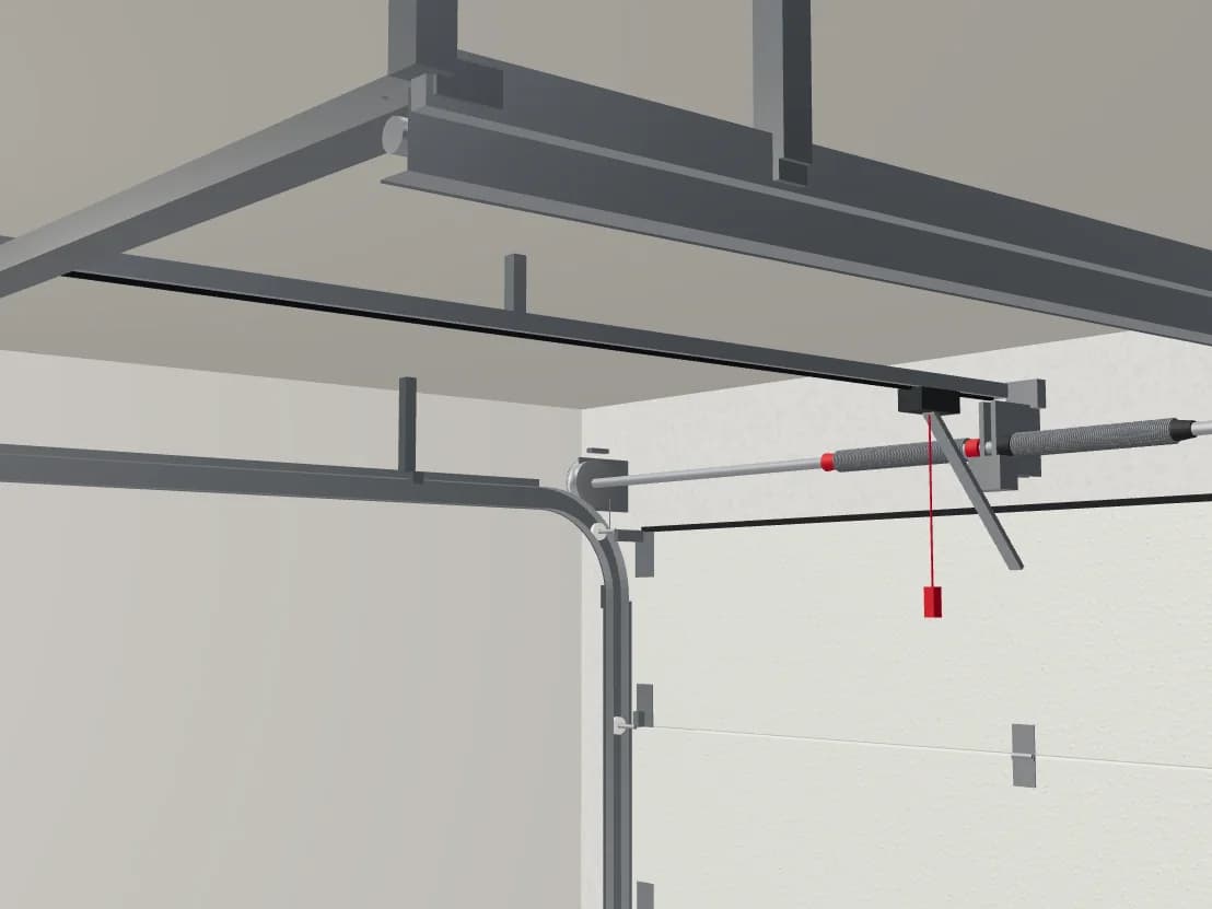 Rendu 3D vu de l'intérieur : rail du moteur au plafond, bras fixé sur le panneau haut, cordon de déverrouillage rouge et rail courbe