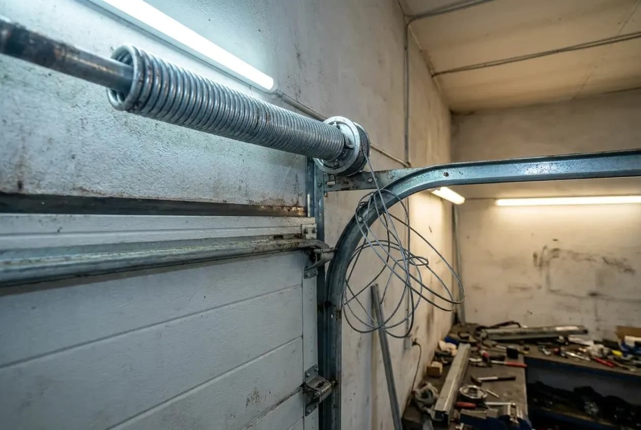 Gros plan sur l'arbre d'une porte sectionnelle : ressort, tambour et câble détendu emmêlé, porte de travers en dessous