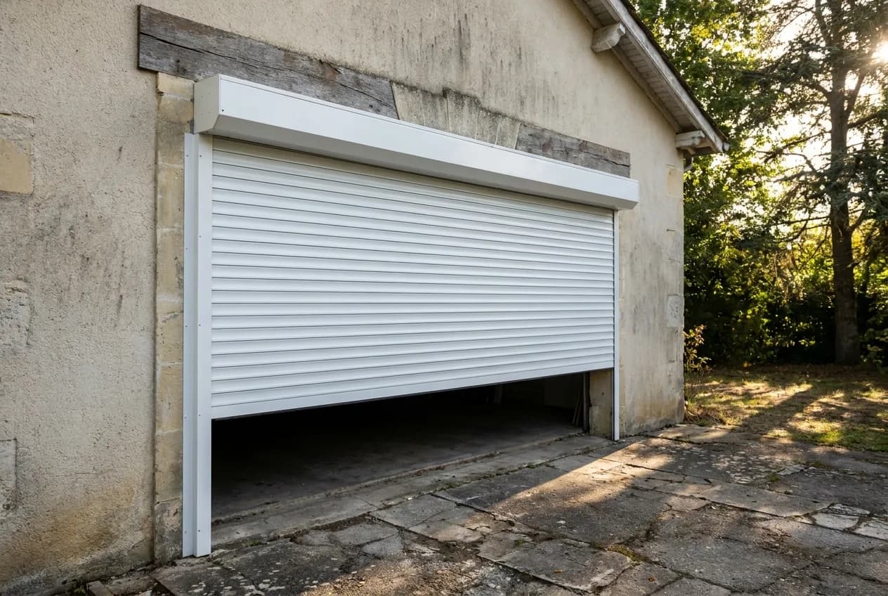 Maison ancienne avec une porte de garage enroulable blanche à demi fermée, coffre sous le linteau