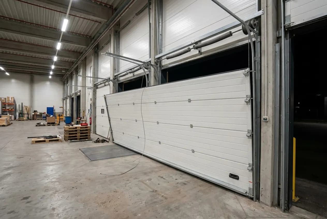 Porte sectionnelle industrielle de quai bloquée de travers, câble détendu sorti du tambour