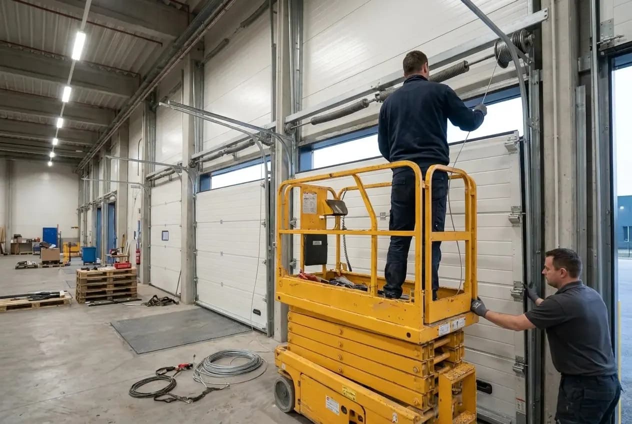Technicien travaillant sur l'arbre et le câble d'une porte sectionnelle de quai de chargement