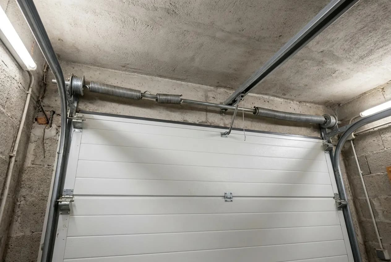 Ressort de torsion rompu sur l'arbre au-dessus d'une porte de garage sectionnelle blanche, espace visible entre deux spires