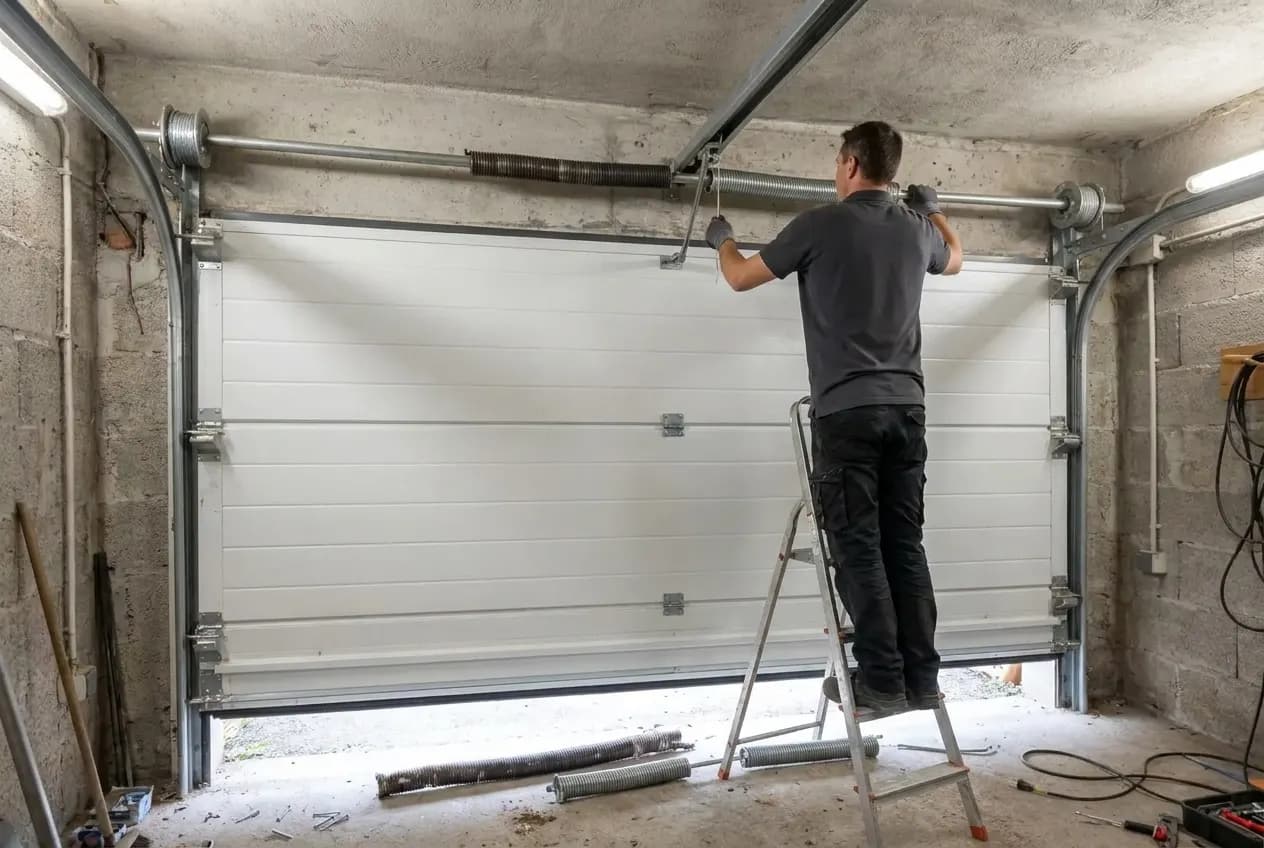 Technicien sur un escabeau remplaçant le ressort de torsion avec des barres de tension