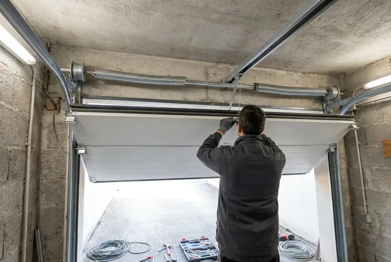 Porte de garage sectionnelle réparée, à mi-hauteur et de niveau, vue de l’intérieur