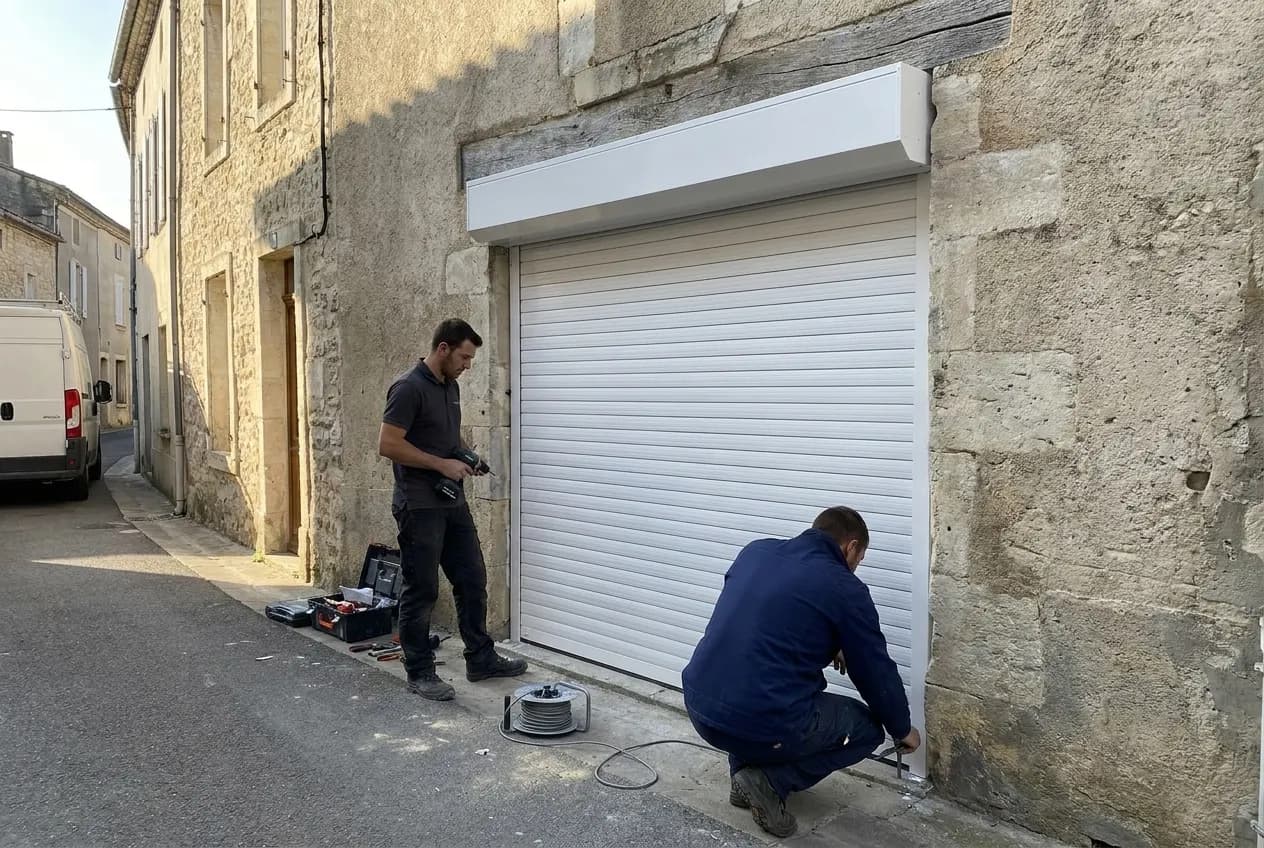 Maison ancienne en pierre avec porte de garage enroulable blanche et coffre en façade sous le linteau