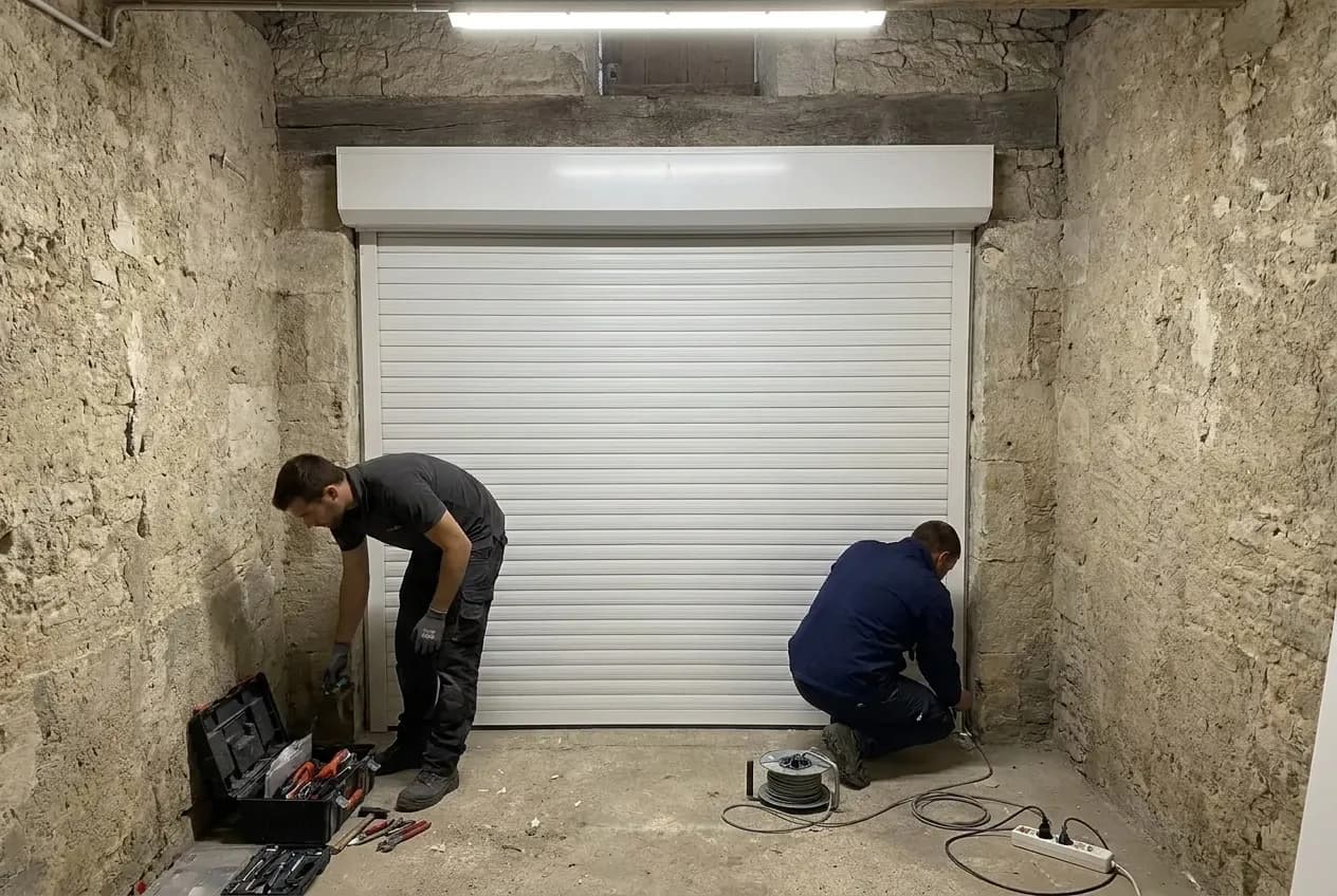 Intérieur d’un garage en pierre : porte enroulable blanche fermée, plafond sans rail