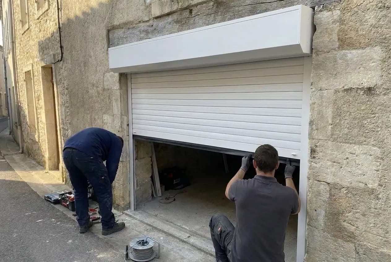 Porte de garage enroulable blanche aux trois quarts ouverte dans une rue étroite bordée de maisons mitoyennes