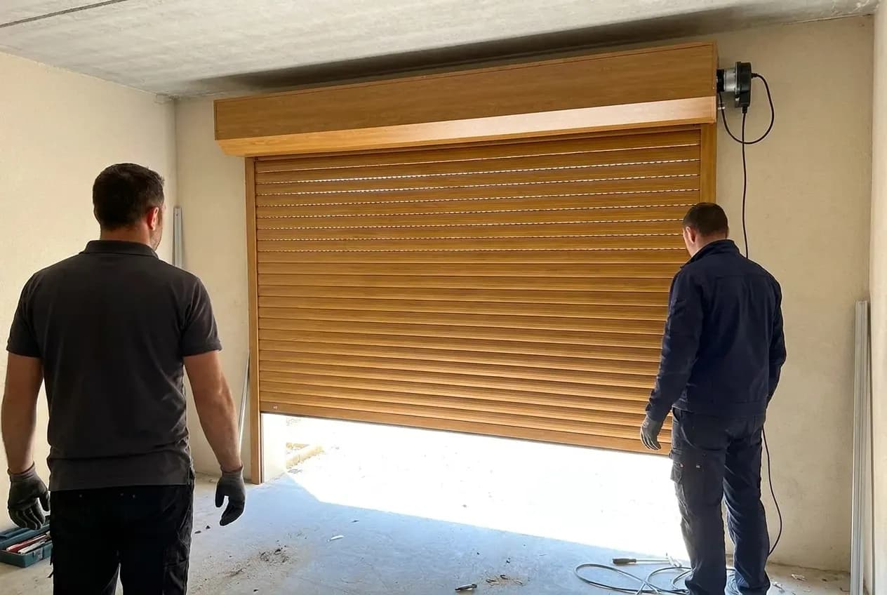 Intérieur d'un garage : coffre de la porte enroulable au-dessus de la baie, plafond libre