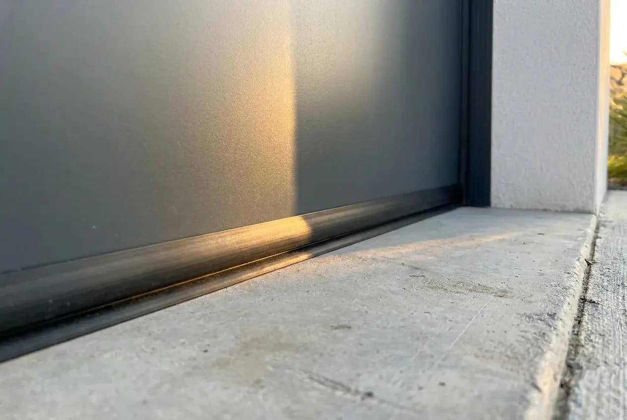 Détail du joint bas et du joint de panneau d'une porte de garage anthracite lisse