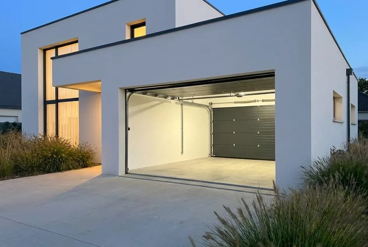 Même maison au crépuscule, porte de garage ouverte et garage éclairé