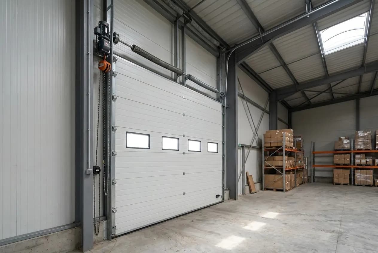 Intérieur d'un entrepôt : porte sectionnelle blanche à hublots, rails le long du mur et moteur industriel en bout d'arbre