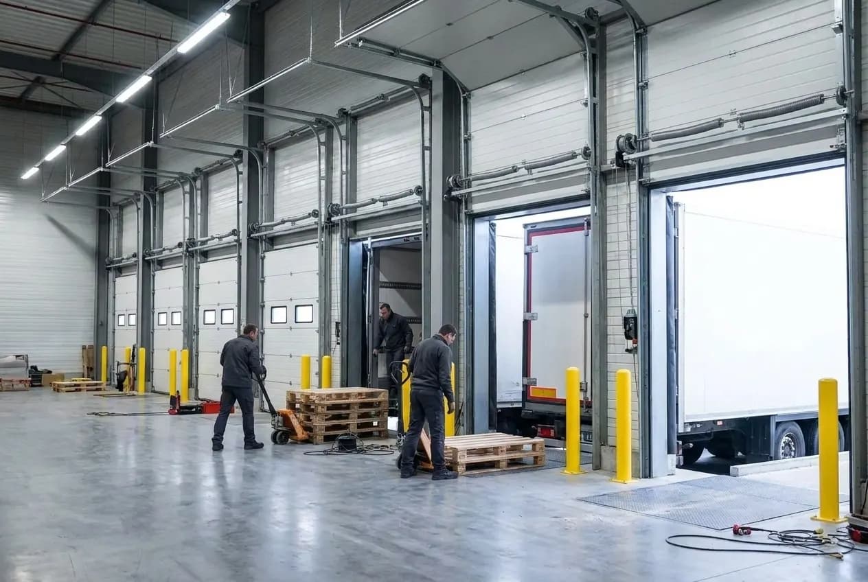 Porte sectionnelle industrielle blanche ouverte sur un quai logistique, remorque à quai et palettes au sol