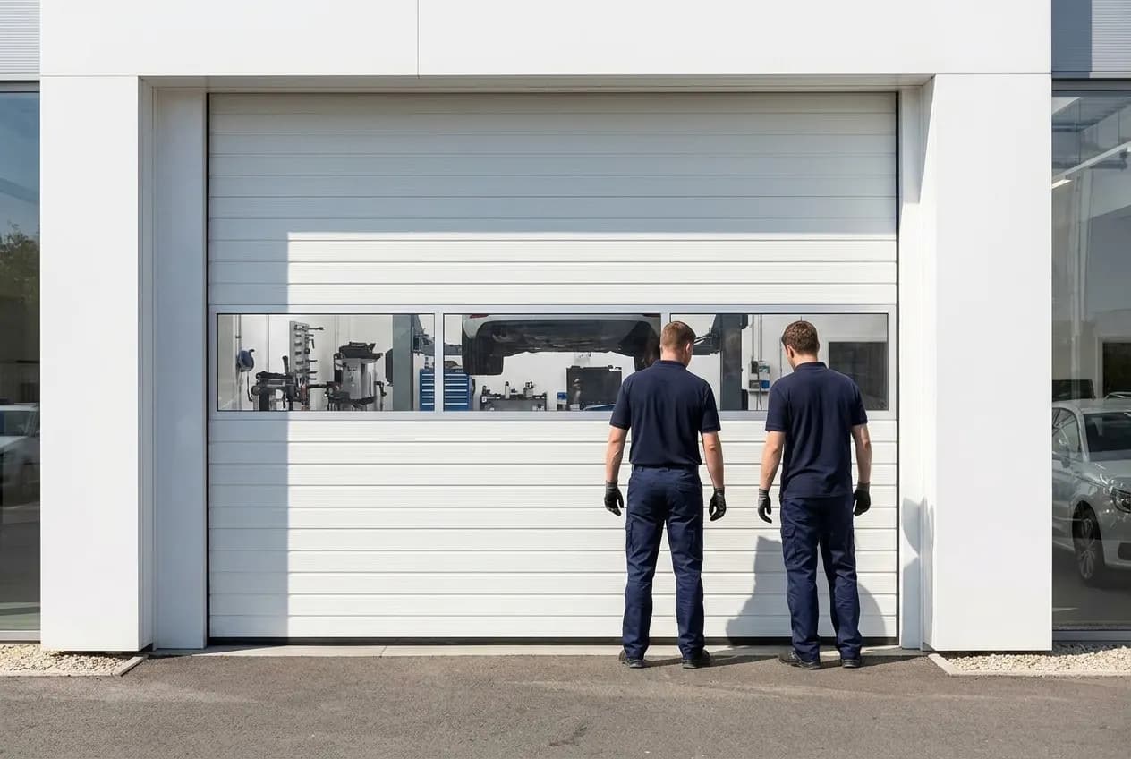 Atelier de concession automobile avec porte sectionnelle blanche à section vitrée, atelier visible derrière