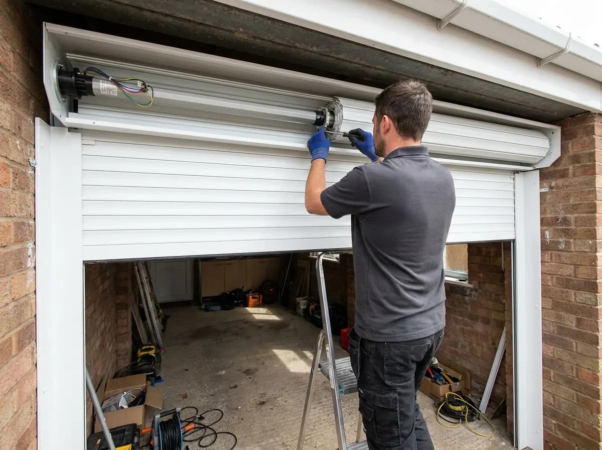 Coffre d'une porte de garage enroulable ouvert, technicien réglant le moteur tubulaire logé dans l'axe