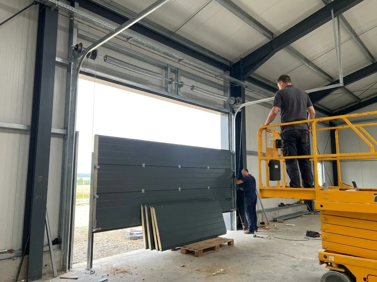Pose d'une porte sectionnelle industrielle anthracite, un technicien sur nacelle fixant le haut des rails