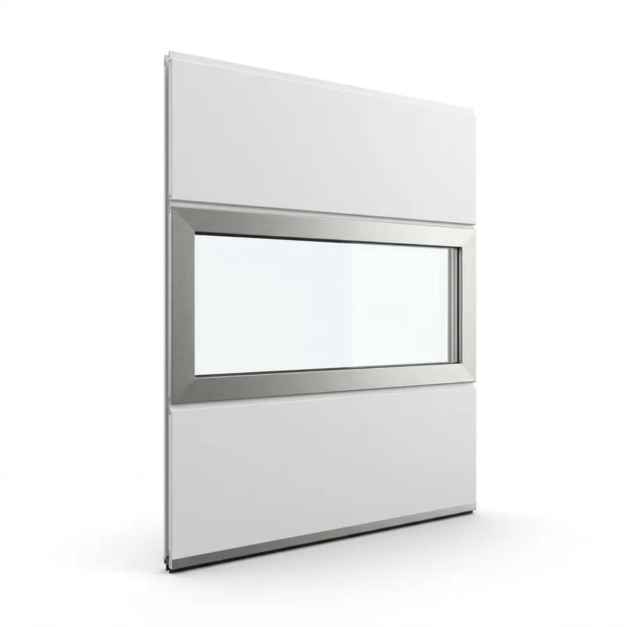 Panneau blanc de porte sectionnelle avec un hublot rectangulaire à cadre inox brossé