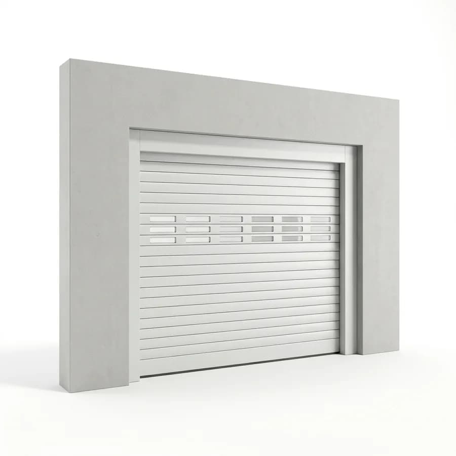 Lames hublots de porte de garage enroulable, rangée d’ouvertures vitrées dans les lames aluminium, sur fond clair