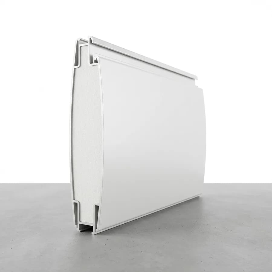 Lame aluminium de 55 mm de porte de garage enroulable, vue en coupe sur fond clair