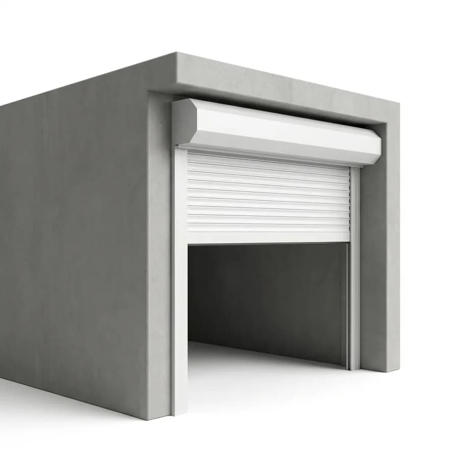 Porte de garage enroulable posée en tunnel, coffre et coulisses à l'intérieur de la baie, vue côté rue