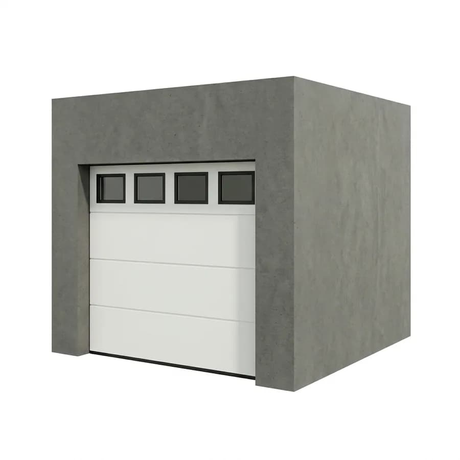 Porte de garage sectionnelle blanche avec une rangée de quatre hublots carrés à cadre noir dans le panneau haut, garage en béton gris