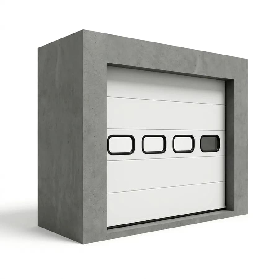 Porte de garage sectionnelle blanche avec une rangée de hublots rectangulaires à cadre noir dans le panneau haut