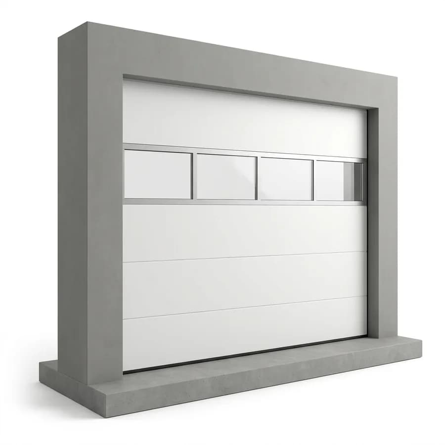 Porte sectionnelle avec une section vitrée sur toute la largeur du panneau haut, cadre aluminium