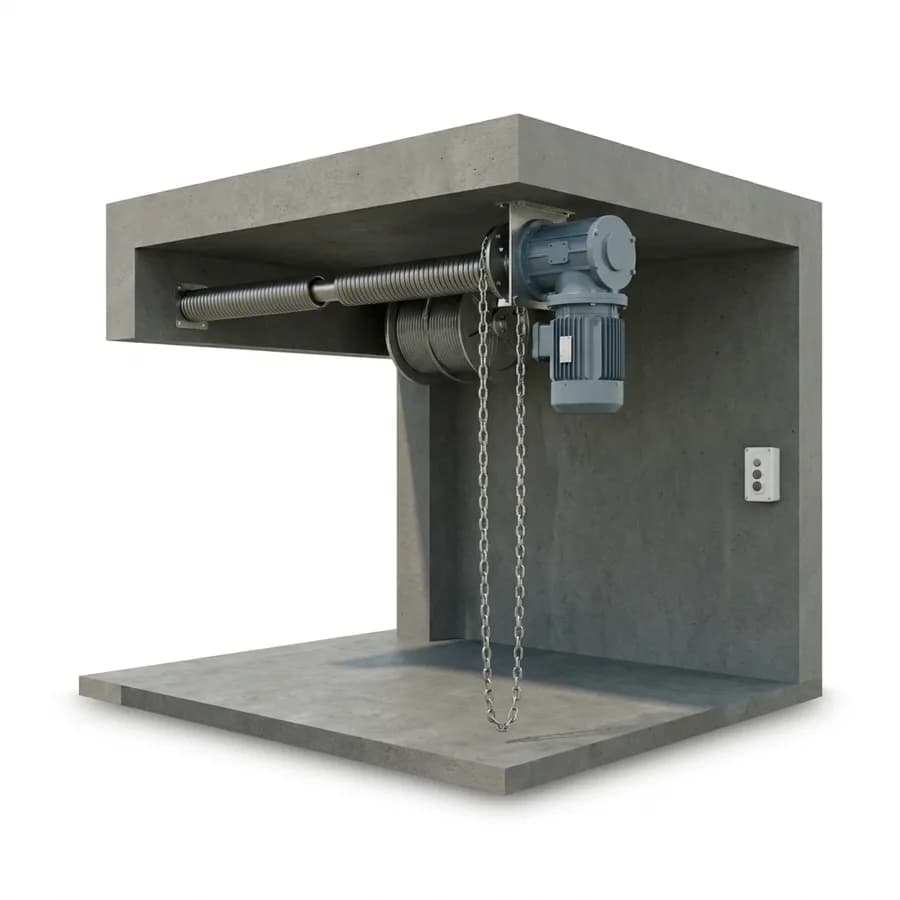 Visuel produit du configurateur : moteur industriel monté en bout d’arbre sur le côté d’une porte sectionnelle