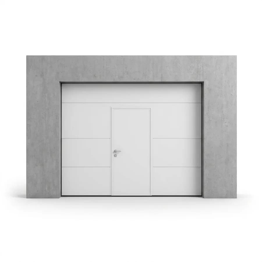 Porte de garage sectionnelle blanche avec portillon piéton au centre, vue de l'extérieur